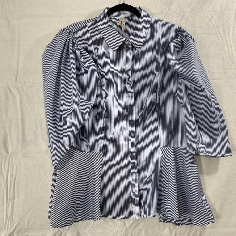 True Destiny Blouse Womens 1X Blue Striped Button Front Puff Sleeve Tunic Top
